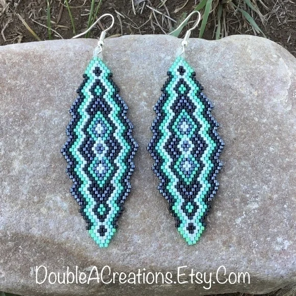 Mint Green, Black and Gunmetal Southwest Beaded Earrings, New, Handmade by Me - Picture 2 of 7